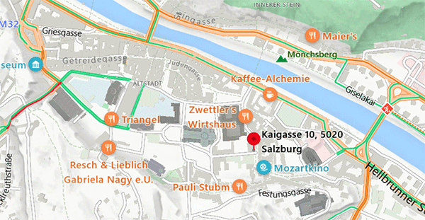 Kartenausschnitt aus Google-Map, Adresse: Salzburg, Kaigasse 10